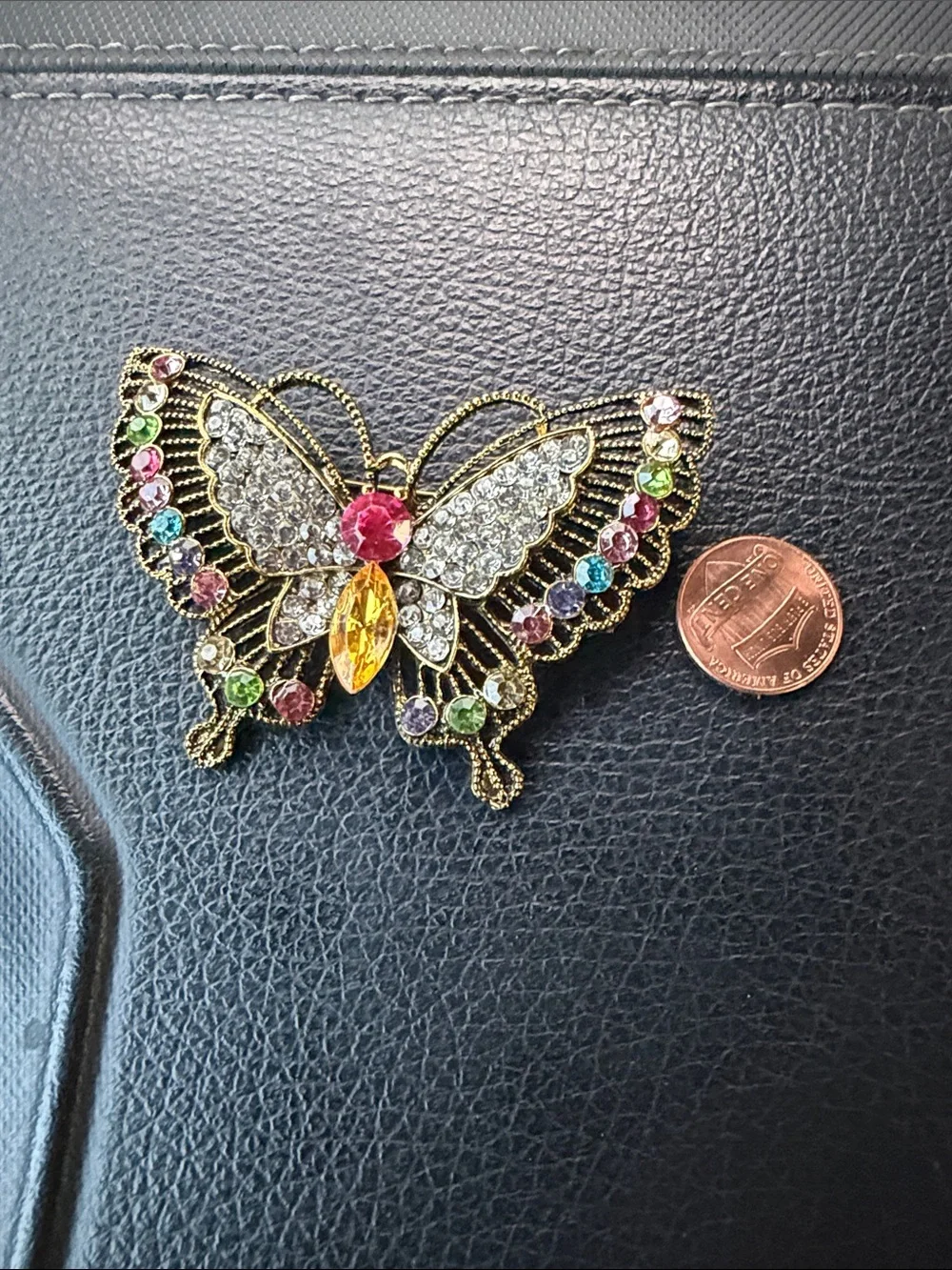 Gold Butterfly Brooch with Pink, Yellow & Multicolor Crystals